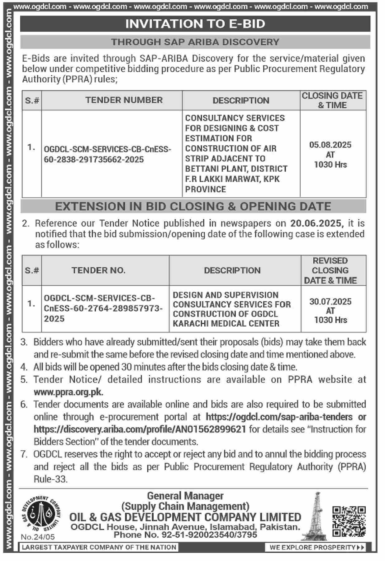 Oil & Gas Development Company Limited Islamabad Tender Notice